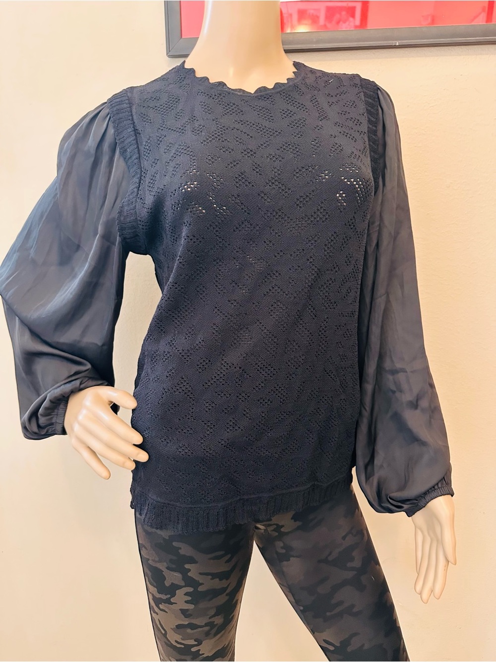 Current Air Black Knit Top with Sheer Balloon Sleeves and Scalloped Neck